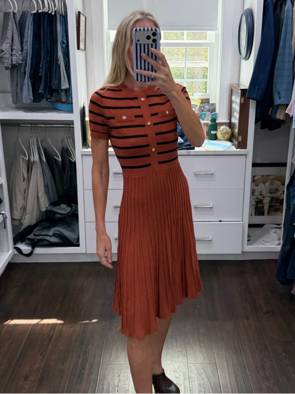 Amazon Rust and Black Striped Pleated Midi Dress S